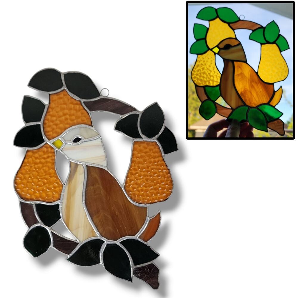 Stained Glass Window Sun Catcher Partridge in a Pear Tree Bird Gold Beige Green